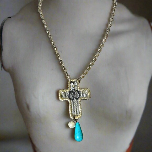 Luxury Upcycled Canvas Bag Necklace with Vintage Cross  With Pearl & Turquoise - Picture 1 of 8